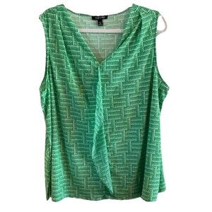 Roz & Ali Ruffle Front Vneck Top Womans Plus Size 2X Green White Sleeveless